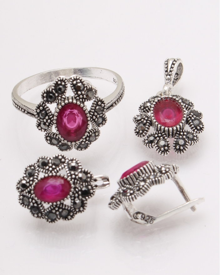 Set argint cu piatra ovala fucsia cod 3-27559, gr8