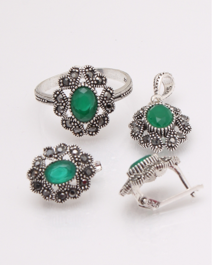 Set argint cu marcasite si piatra verde cod 3-29655, gr7.8