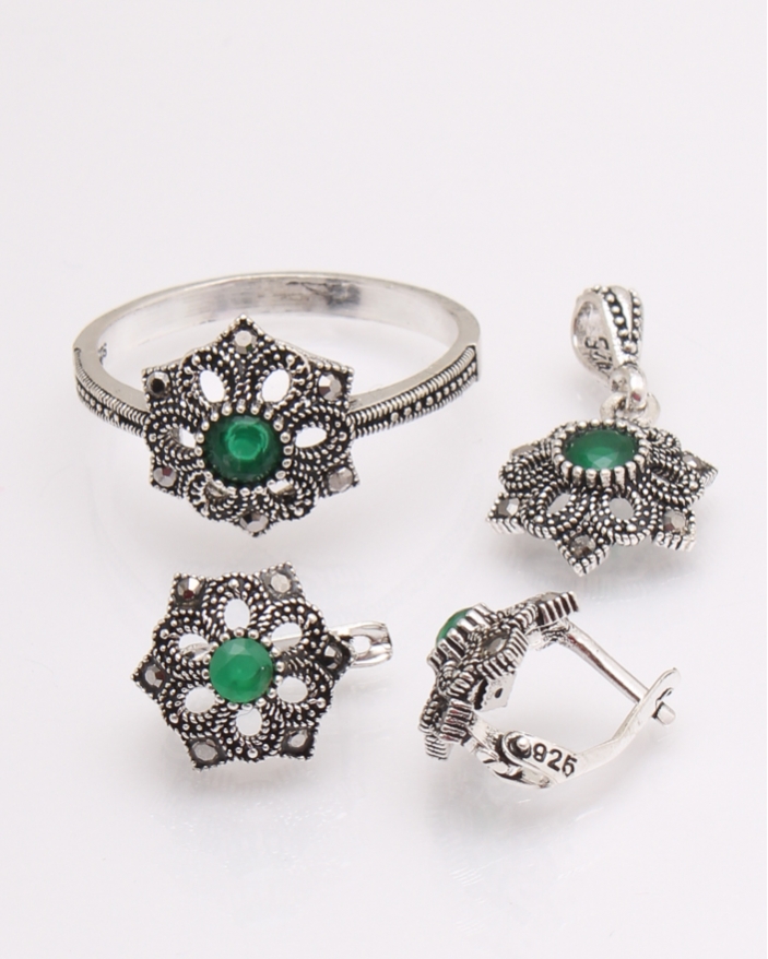 Set argint cu marcasite si piatra verde cod 3-29671, gr6.2