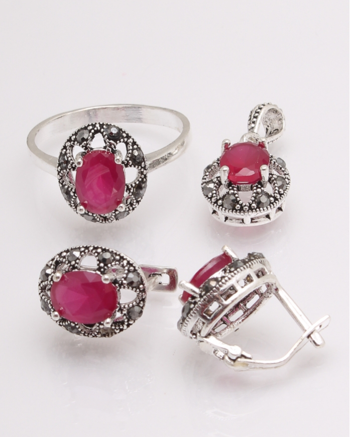 Set argint cu piatra fucsia si marcasite cod 3-29693, gr8.3