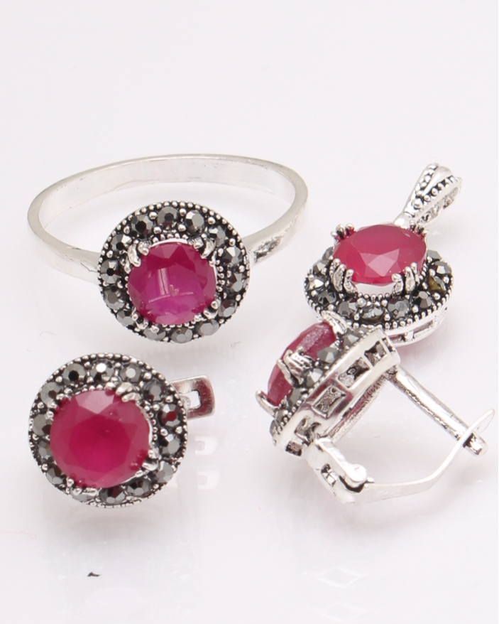 Set argint cu piatra fucsia si marcasite cod 3-29699, gr8