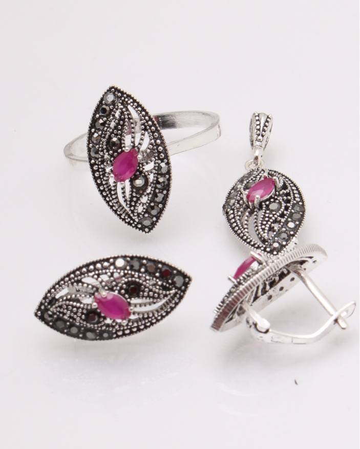 Set argint cu piatra fucsia si marcasite cod 3-29706, gr8