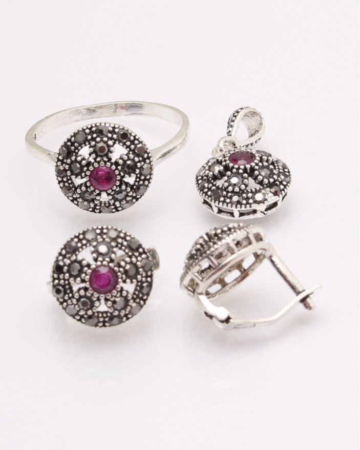 Set argint cu piatra fucsia si marcasite cod 3-29721, gr7.9