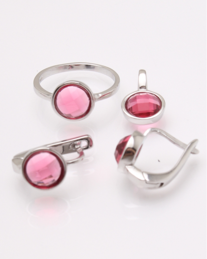 Set argint piatra rotunda fucsia cod 3-31298, gr8