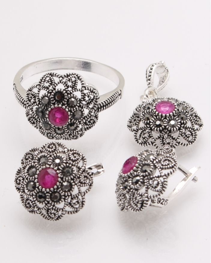 Set argint piatra fucsia si marcasite cod 3-27515, gr8.1